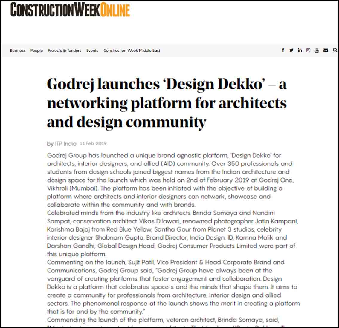 Godrej launches' Design Dekko'- a networking platform for architects and design community,Construction Week Online.in - February 2019